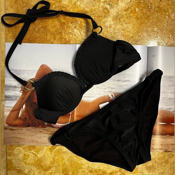 NEW Xhilaration Grecian Braided Hip Moderate Bikini Swim Bottom Black NWOT Sz S - Picture 2 of 14
